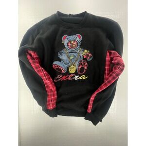Sweatshirt embroidered Extra Bear Graphic Crewneck Plaid‎ Sleeve Pullover XL